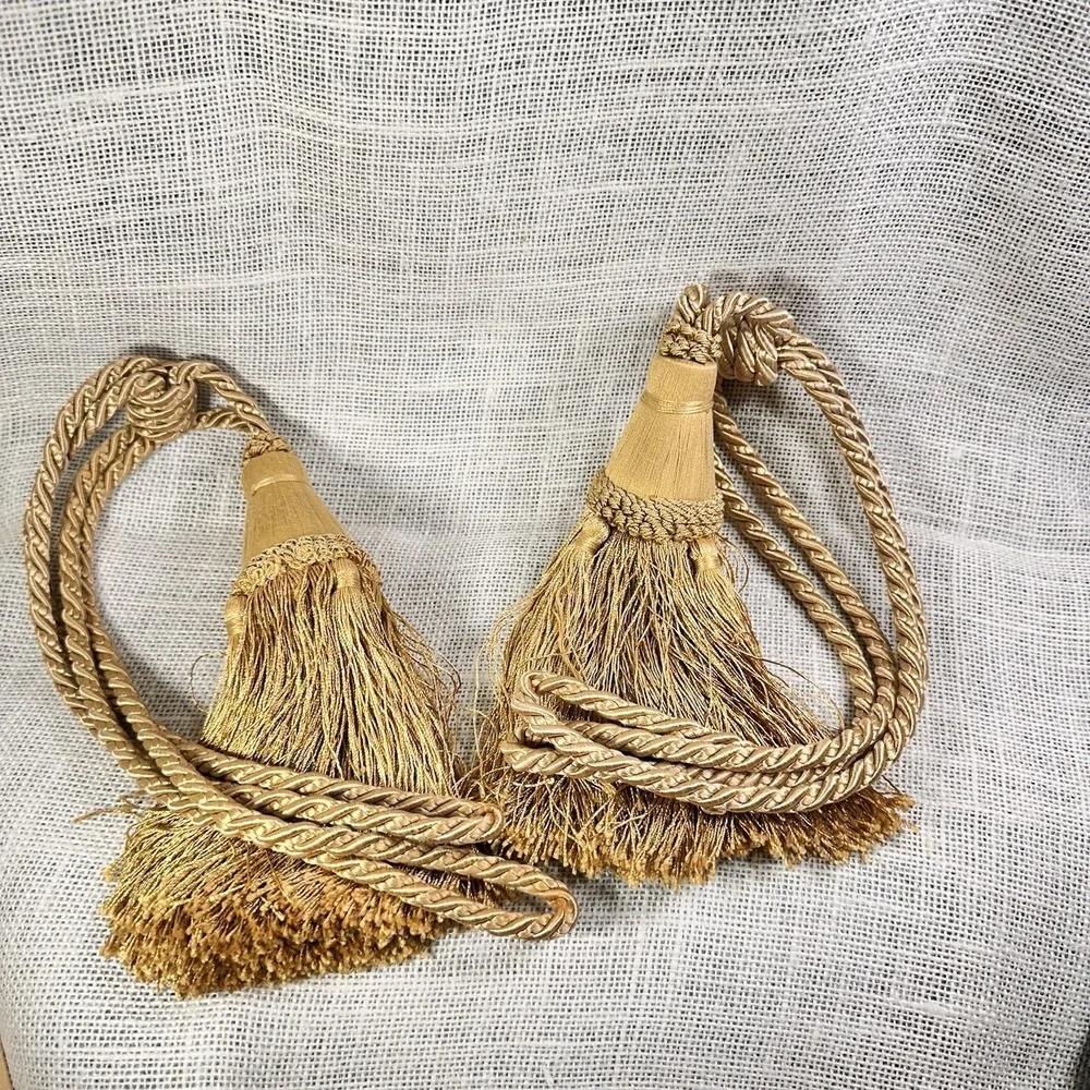 Gold Curtain Tassel Tiebacks Pair Braided Rope Drapery Holdbacks 23